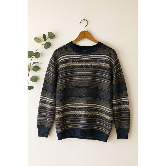 Vintage 90s Silverlake Knit Striped Crewneck Sweater Men’s L Warm Retro Pullover - Picture 1 of 6